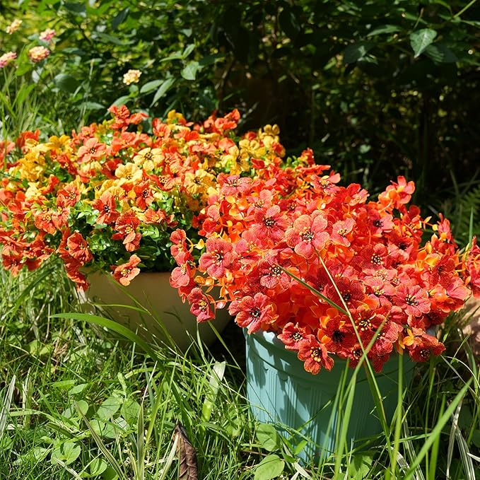 Artificial Flowers for Outdoor, UV Resistant Fake Silk Flowers, Realistic Faux Plants for Outside Indoor Porch Patio Window Box Planter Home Decor (16, Fall OrangeRed Yellow)
