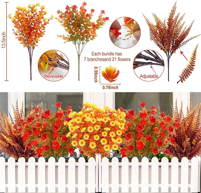 20 Bundles Artificial Fall Flowers for Outdoors Fall Thanksgiving Decorations - UV Resistant Fake Mums Faux Fall Plants Plastic Flowers for Gardens Porch Fireplace Patio Home Indoor Autumn Fall Decor