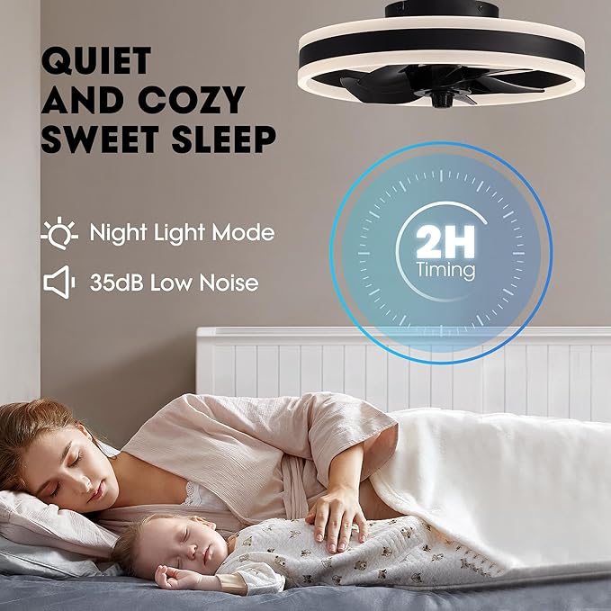 Ceiling Fans with Lights and Remote Flush Mount Black Ceiling Fan with Light,6 Speeds,LED Modern 15" Low Profile Ceiling Fans for Bedroom,Small Room