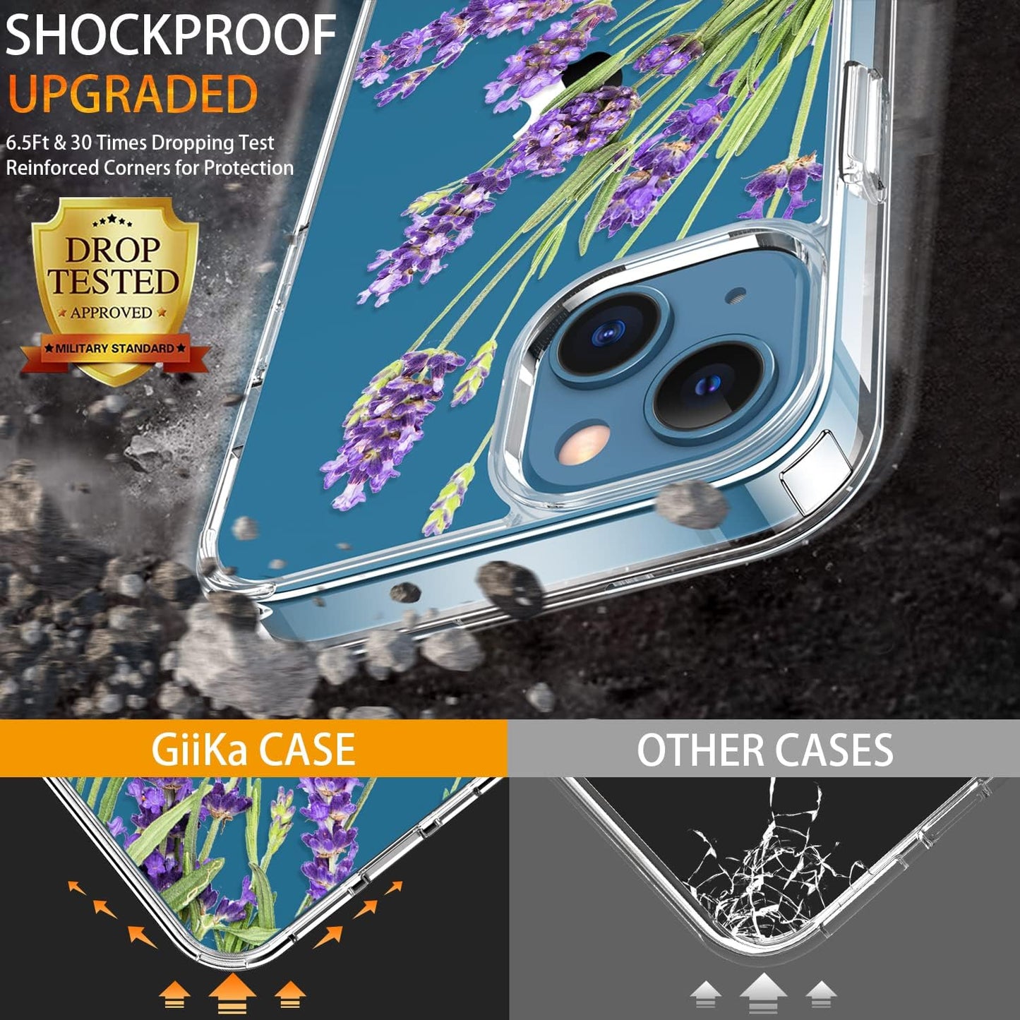 GiiKa iPhone 13 Case with Screen Protector, Clear Full Body Protective Floral Girls Women Shockproof Hard Case Purple
