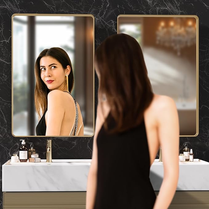 Hasipu 2 PCS Bathroom Mirror for Wall, 32 x 24 Inch Gold Metal Framed Bathroom Mirrors for Over Sink, Rectangle Bathroom Vanity Mirror, Anti-Rust, Tempered Glass, Horizontal or Vertical