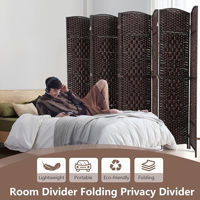 Room Divider 8 Panel Folding Privacy Divider 6 Ft Indoor Wall Divider Portable Partition Wood Screen, Brown