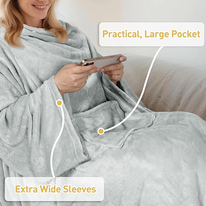 Catalonia Wearable Fleece Blanket with Sleeves and Foot Pockets for Adult Women Men, Micro Plush Comfy Wrap Sleeved Throw Blanket Robe Large, Grey