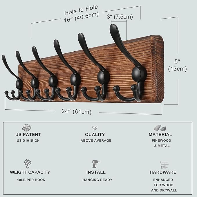 Dseap Coat Rack Wall Mounted - 24" Long 6 Tri Hooks, Heavy Duty Wooden Wall Coat Hanger Coat Hook for Clothes Hat Jacket Clothing, Natural and Black, Pack of 2