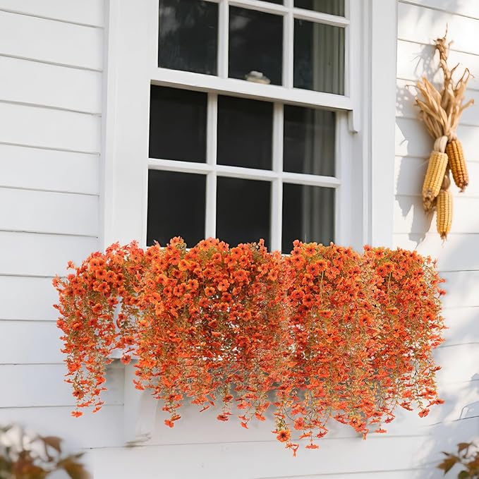 12 Pcs Artificial Hanging Mums Flowers Outdoor, Orange UV Resistant Fake Hanging Fall Plants for Outdoor Planter Patio Front Door Window Autumn Decoration (12, Orange)