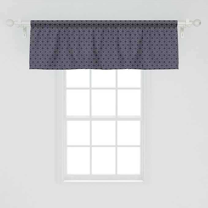 Ambesonne Navy Blue Window Valance, Geometric Dotted Pattern Design with Abstract Ogee Shapes Grid Ornament Tile, Curtain Valance for Kitchen Bedroom Decor with Rod Pocket, 42" x 18", Dark Blue Tan