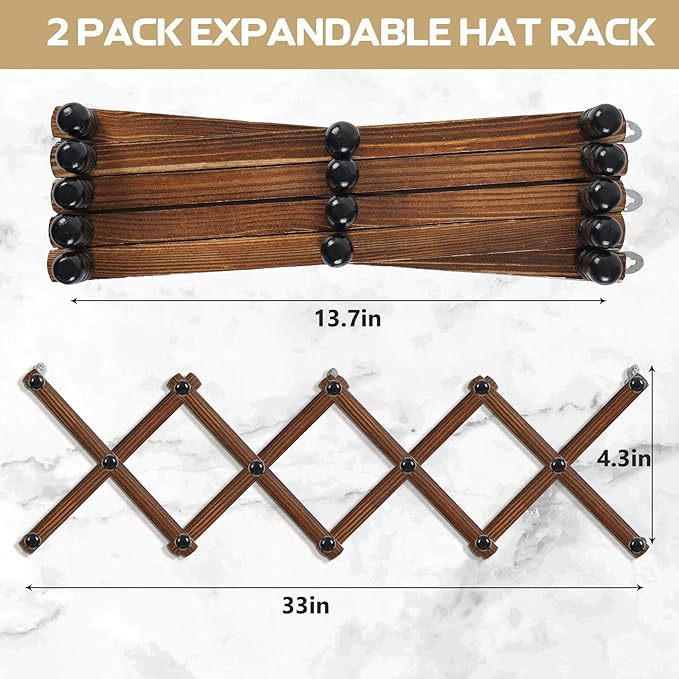 WGFKVAS Accordion Wall Hanger with 14 Hooks - 2Pcs Expandable Coat Rack Wall Mount - Wood Wall Hanger for Baseball Caps, Coats & Bags, Coffee Mug, Jewelry