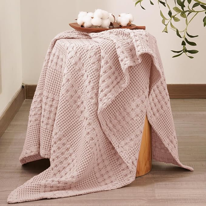 PHF 100% Cotton Waffle Weave Throw Blanket, Soft Lightweight Breathable Cozy Throws for Couch Bed Sofa, Luxury Aesthetic Woven Blanket for Home Decor & Office, 50"x60", Pink/Mauve