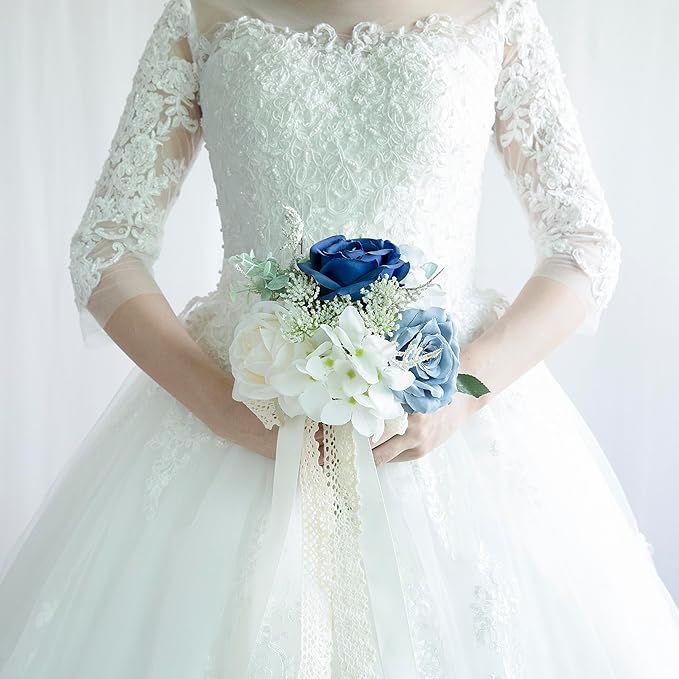 Wedding Bouquets for Bride Bridesmaid, Artificial Dusty Blue Bride Flower Bouquet for Wedding Church Decoration Ceremony, Anniversary, etc, Roses Flowers