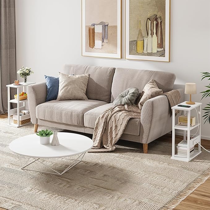VIMBER Narrow Side Table with Charging Station, 2 Set Skinny End Table for Small Spaces, Sofa Beside Tables with Storage Shelf, Slim Nightstand with USB Ports Outlet, Couch Table White UTBT003W2