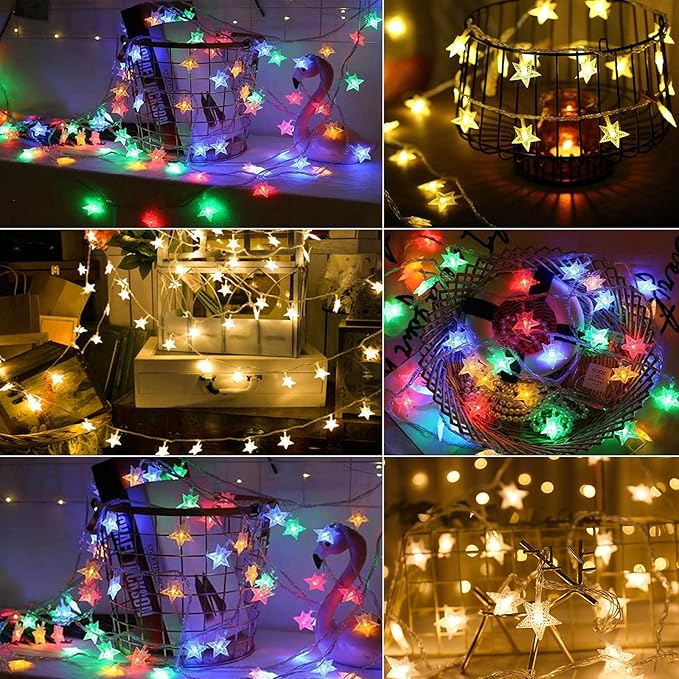 LAMPDREAM Abkshine 25Ft 50LEDs Battery Powered Star Fairy Lights, 8 Modes Warm White Color Changing LED Star String Lights for Wedding, Christmas, Birthday, Halloween, Mother Day
