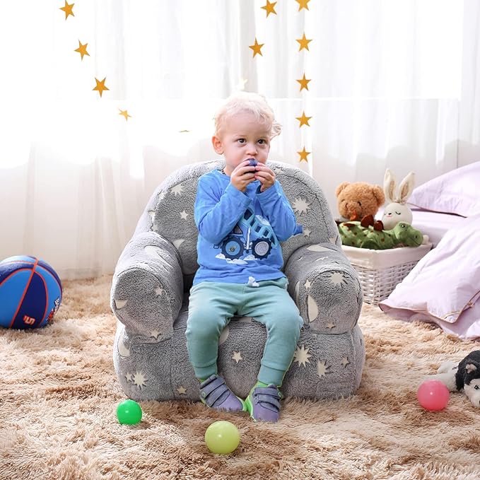 Toddler Chair, Glow in The Dark Kids Sofa Bean Bag Chair for Kids Children Couch Toddler Mini Sofa Armrest for Children, Lightweight Children Sofa(Moon Grey)