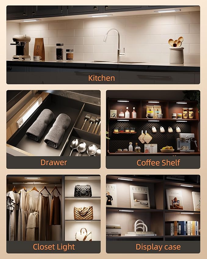 EZVALO 6-Pack Under Cabinet Lighting, Wireless Closet Lights, 50 LED Rechargeable Motion Sensor Light, Dimmable, 3 Color Temperatures, 11.8 inch Counter Lights for Kitchen, Pantry, Bedroom, Wardrobe