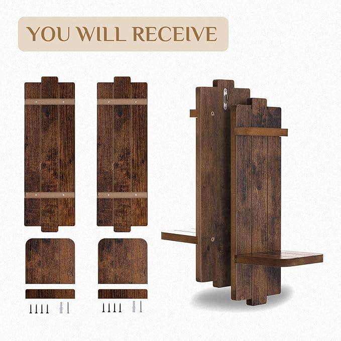 Rustic Candle Holder Farmhouse Wall Decor - Brown Candle Sconces Set of Two Wooden Vintage Hanging Wall Decoration for Fireplace Mantel Living Room Bedroom Dining Room