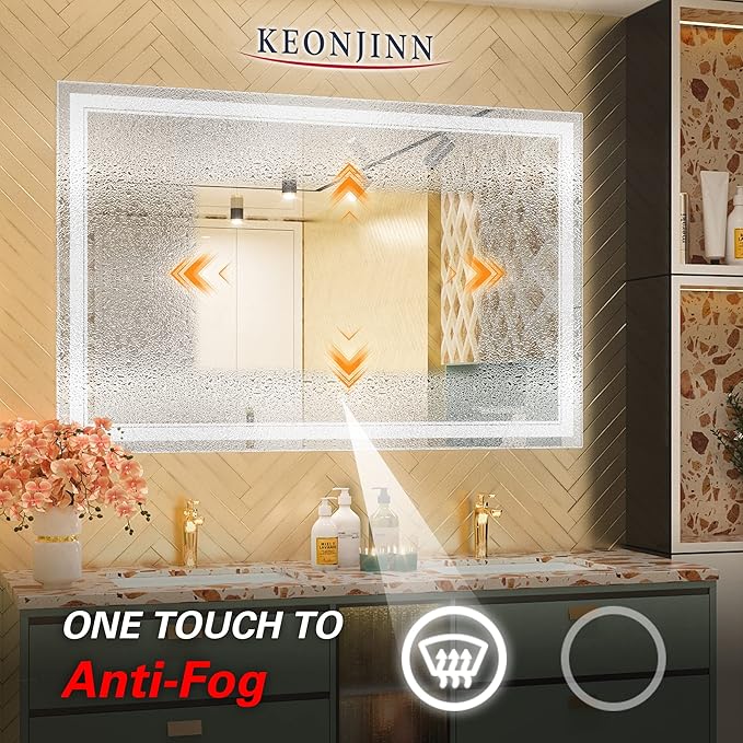 Keonjinn 55 x 36 Inch Bathroom LED Mirror, Oversized Lighted Bathroom Mirror, UL Listed LED Driver, HD Tempered Glass, Easy Installation, Anti-Fog, Memory Dimmable 6000K, CRI 90+(Horizontal/Vertical)