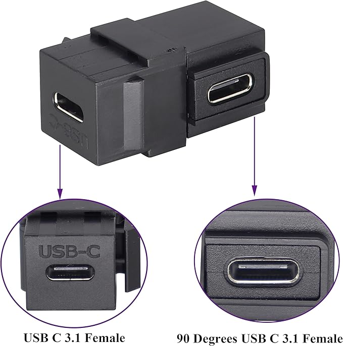 90 Degree USB C 3.1 Keystone Insert Jack Connector Right Angled USB 3.1 Type-C Female to Female Keystone Insert Socket Adapter Coupler for Wall Plate Outlet Panel (90 Degree/Black/2 Pack)