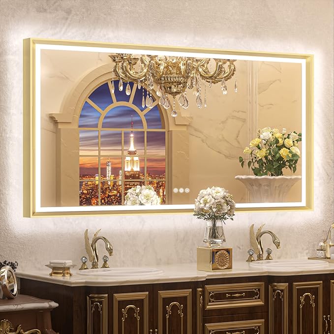 TETOTE 72x36 LED Bathroom Mirror with Lights Gold Metal Framed Front & Back Light Vanity Mirror Baroque Antifog Stepless Dimmable White/Warm/Natural,CRI90+,Waterproof,Wall Mounted(Horizontal/Vertical)