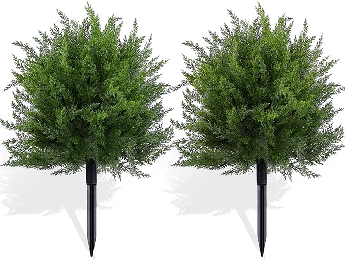 23.6" Artificial Cypress Topiary Christmas Tree with Spike, 2 Pack Faux Cedar Bushes UV Resistant Fake Shrubs for Front Porch Winter Decor (Cedar Topiary Ball Trees)