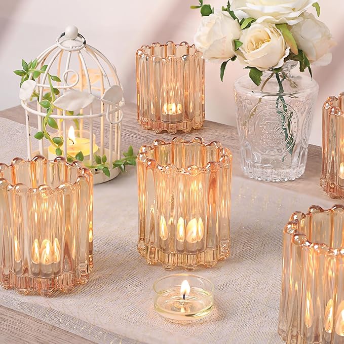 Glass Gold Votive Candle Holder, Ribbed Votive Candle Holders Set of 12, Tealight Candle Holder for Wedding Centerpieces Dinner Party Table Decor