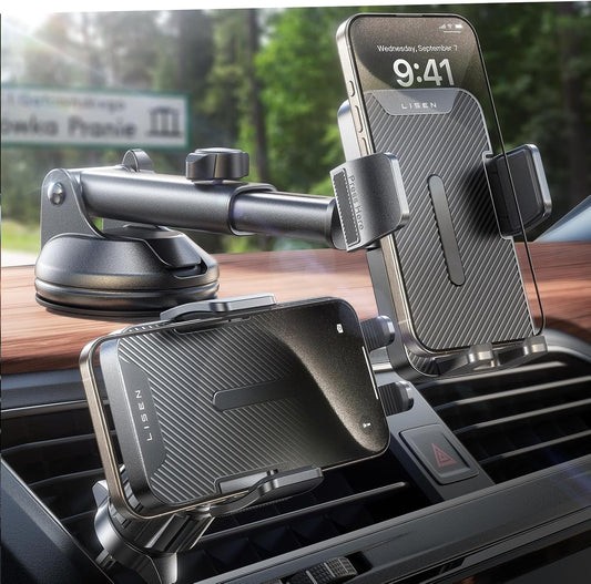 LISEN Car Phone Holder Mount, 3 in 1 Dashboard Air Vent Windshield Cell Phone Mount for iPhone 16 Pro Max Plus, Black
