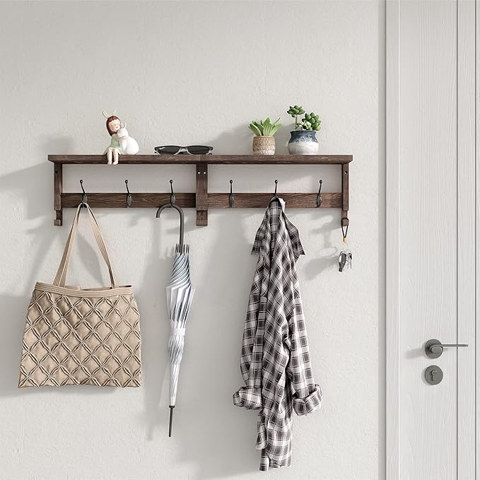 Coat Hooks, Wood Rack Wall-Mounted, 31.5 Inch Entryway Shelf with 10 Hooks (Brown)