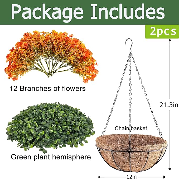 Orgrimmar 2 Pack Artificial Fall Mums Hanging Basket - UV Resistant Fake Hanging Plants with Realistic Silk Mums & Eucalyptus, Coconut Lining Baskets for Home Porch Balcony Patio Yard (Orange)