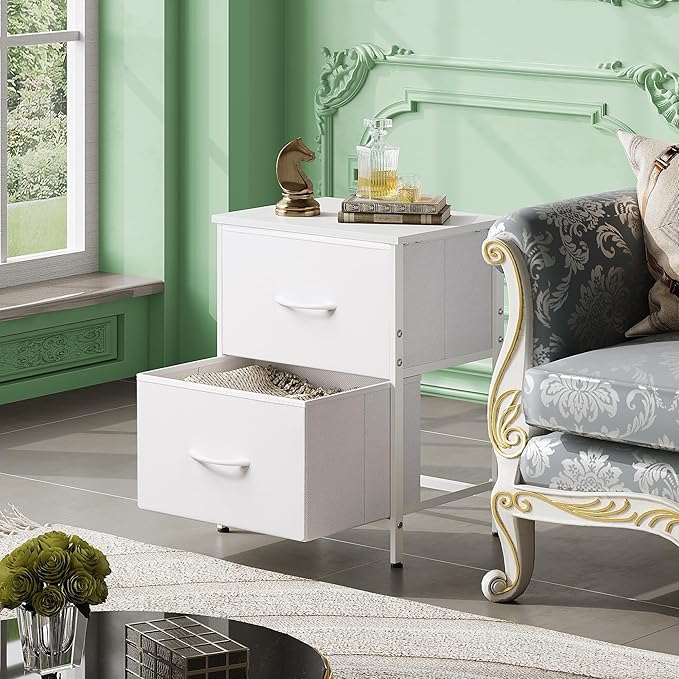 WLIVE White Nightstand, 2 Drawer Dresser for Bedroom, Small Night Stand with Fabric Drawers, Bedside Furniture, End Table for Bedroom, Closet, Entryway, College Dorm