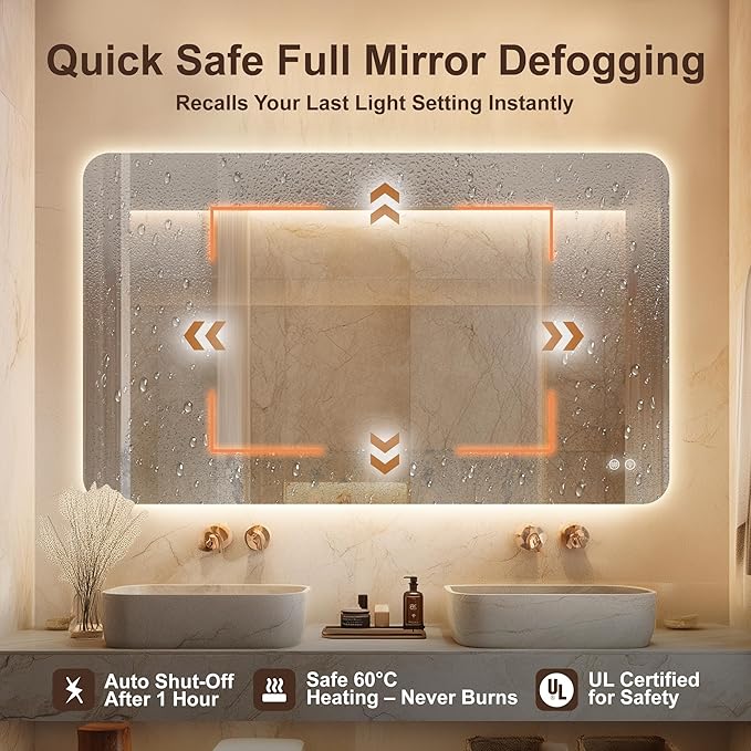 48''x36'' Lighted Mirrors for Bathroom Wall Backlit Rectangular Rounded Corners, LED Bathroom Mirror Frameless with Lights Anti Fog, Dimmable, 3 Colors,Tempered Glass, Shatter-Proof (Color 2)