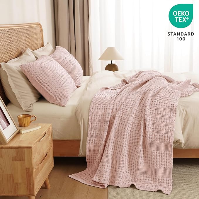 PHF 100% Cotton Waffle Weave Throw Blanket, Soft Lightweight Breathable Cozy Throws for Couch Bed Sofa, Luxury Aesthetic Woven Blanket for Home Decor & Office, 50"x60", Pink/Mauve