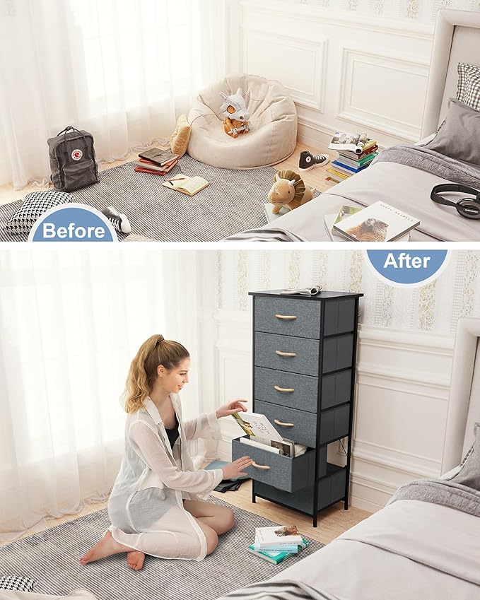 Crestlive Products Vertical Dresser Storage Tower - Sturdy Steel Frame, Wood Top, Easy Pull Fabric Bins, Handles Organizer Unit for Bedroom, Hallway, Entryway, Closets 6 Drawers (Gray)