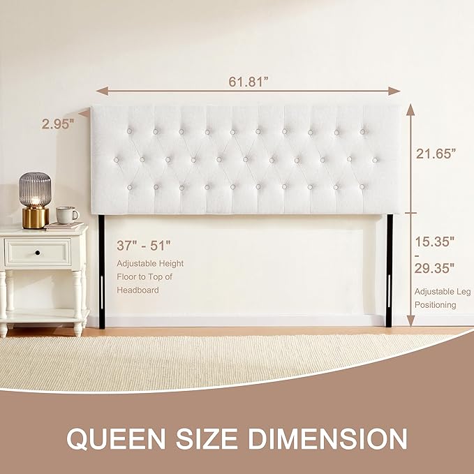 Tufted Upholstered Headboard Queen Size, Solid Wood Head Board with Metal Legs, Adjustable Height Bed headboard from 37" to 51" Fabric Headboard in Modern Button Design, White