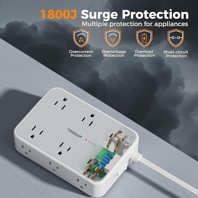 TESSAN Surge Protector Power Strip, 5FT Flat Extension Cord with Multiple Outlets, 12 Outlet Extender with 4 USB (2 USB-C), Flat Plug Power Strip, 1800J Surge Protection, Office, Dorm Essentials