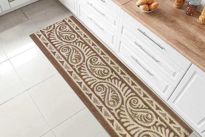 Custom Length Cut to Size Tribal Ethnic Southwestern Inspired Hallway Runner Rug, Non Slip Rubber Backed, 31 inch Wide X Customized Length, Mayan Brown, 31 inch X 12 feet