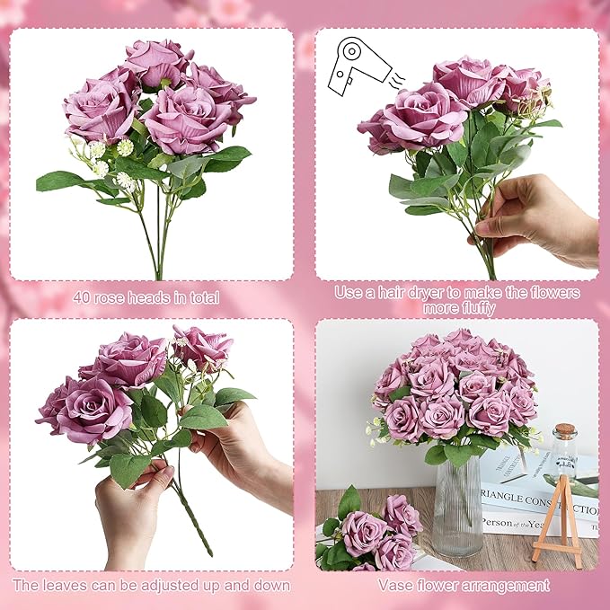 Purple Roses Artificial Flowers - 8 Bundles Fake Silk Rose Flower Realistic Faux Florals Bulk for Wedding Bridal Party Baby Shower Event Home Arrangements Centerpieces Decor (Dusty Purple)