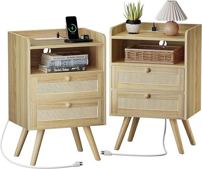 SUPERJARE 2 Drawer Night Stand with Charger Station, Boho Rattan Nightstand Set of 2, 25.2 Inch Tall Bed Side Table with Solid Wood Feet, End Table, Open Storage, Synthetic Rattan, for Dorm, Natural