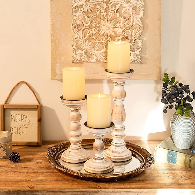 Wood Pillar Candle Holder: 3Pcs Rustic Candle Holders for Pillar Candles Wood Candle Holders Distressed Wooden Farmhouse Large Candle Holder for Fireplace Table (White, 6", 8", 12")