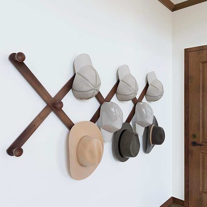 SKOLOO Hat Rack for Wall with 11 Hooks, 24 inch Solid Wooden, Modern, Huge Coat Rack Wall Mount for Coats, Hats, Bags, Cowboy Caps, Baseball Caps, Walnut Color