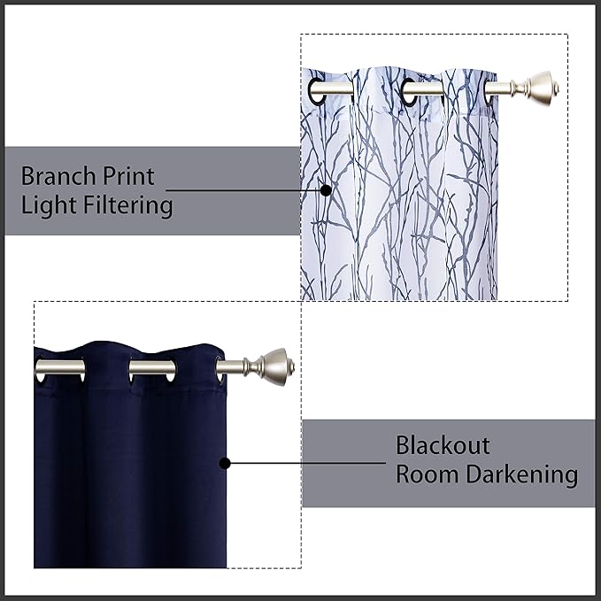 BONZER Mix and Match Curtains - 2 Pieces Branch Print Sheer Curtains and 2 Pieces Blackout Curtains for Bedroom Living Room Grommet Window Drapes, 37x95 Inch/Panel, Indigo, Set of 4 Panels