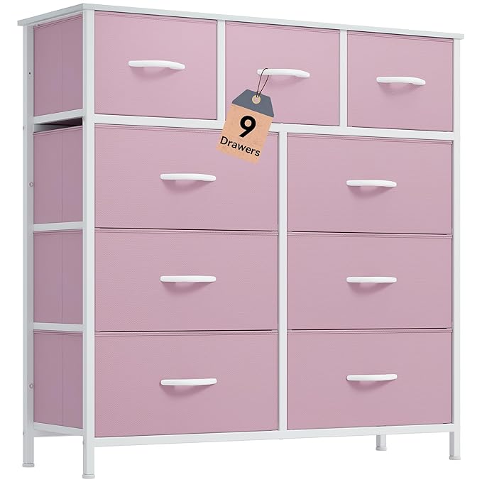 DWVO Dresser with 9 Drawers - Fabric Storage Tower, Organizer Unit for Living Room, Hallway - Sturdy Steel Frame, Wooden Top & Easy Pull Fabric Bins