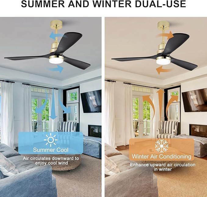 BOJUE 52 Inch Black and Gold Ceiling Fans with Lights and Remote, Solid Wood Fan Blades, Dimmable, Modern Ceiling Fan with Light for Indoor/Outdoor Patio Bedroom
