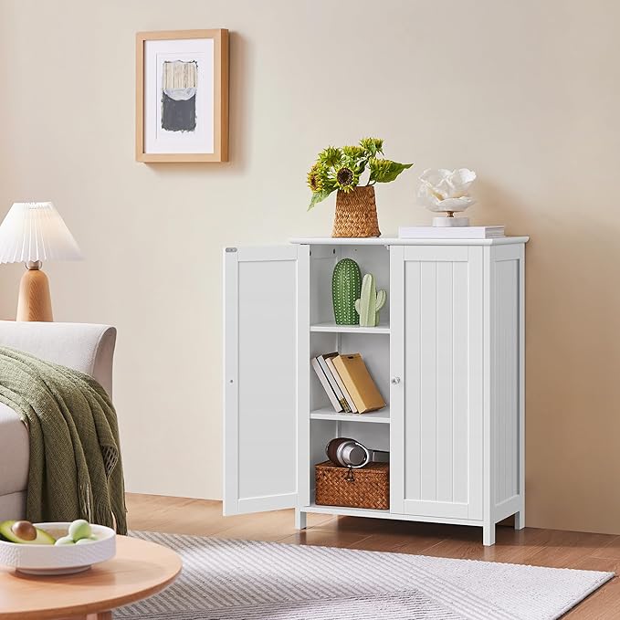 Yaheetech Bathroom Floor Cabinet, Modern Storage Freestanding Organizer Cabinet with Adjustable Shelves & Double Doors, 3-Tier Home Living Room Furniture, White
