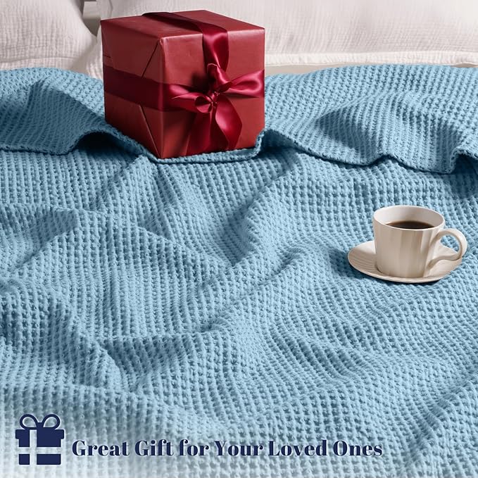 PHF 100% Cotton Waffle Weave Blanket Twin Size for Bed,Snag Proof Lightweight Breathable Moisture-Wicking Throw for Couch,Great for Layering in Cold Weather,Machine Washable,Home Decor Gift-Dusty Blue