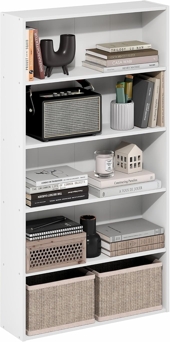 Furinno Basic Book Shelf, 5-Tier Bookshelf, Cube Storage Organizer Bookcase with Open Shelf, 7 x 24 x 44, for Living Room, Bedroom, Home Office, White