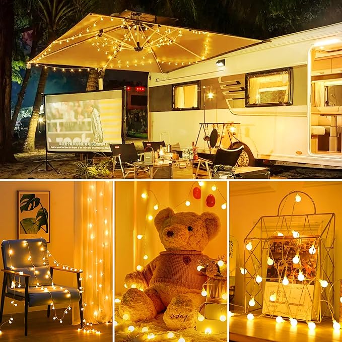 Minetom 2 Pack Globe String Lights Battery Operated, Totally 120 LED Fairy Lights with Remote, Waterproof for Indoor Outdoor Bedroom Classroom Dorm Camping Canopy Wedding Xmas Decor, Warm White