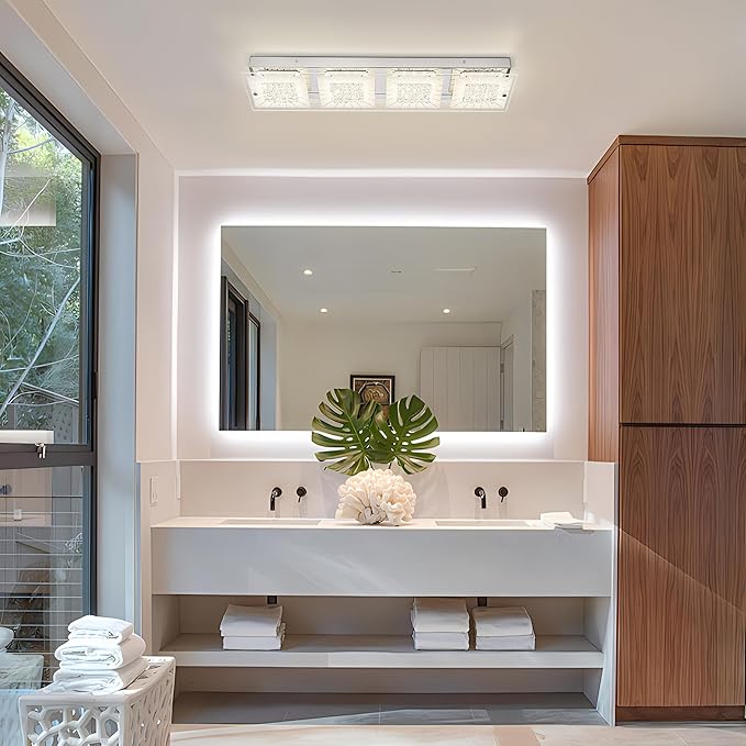 Flush Mount Ceiling Light Crystal Ceiling Light Fixture 24IN Long Rectangle Lighting Fixtures Ceiling Dimmable LED Ceiling Lights for Kitchen, Bathroom, Hallway, Living Room