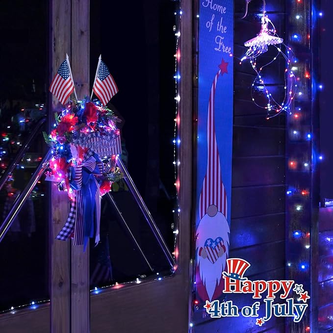 JMEXSUSS 2 Pack Red White and Blue Fairy Lights Battery Operated, Total 200 LED 66ft Battery Powered Twinkle Light with Remote, 8 Modes Red White and Blue String Lights for 4th of July Decorations