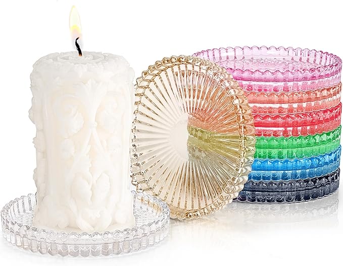 Glass Candle Holders, GOH DODD Set of 8 Crystal Pillar Plates Modern Coasters for Drinks, Centerpiece, Home Decor, Kitchen, Living Room, Patio, Wedding, Halloween, Christmas, Party, Mixed Colors