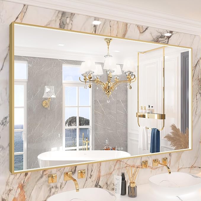 60x36 Inch LED Bathroom Mirror, Gold Metal Framed Lighted Mirror for Bathroom, Wall Mouted LED Vanity Mirror with Lights, 3 Colors and Stepless Dimmable, Anti-Fog, Memory