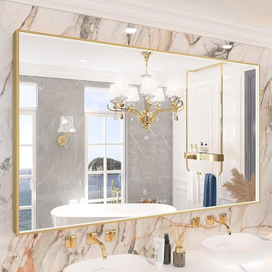 60x36 Inch LED Bathroom Mirror, Gold Metal Framed Lighted Mirror for Bathroom, Wall Mouted LED Vanity Mirror with Lights, 3 Colors and Stepless Dimmable, Anti-Fog, Memory