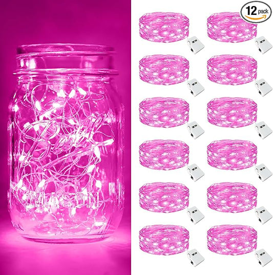 btfarm 12 Pack Fairy Lights Battery Operated [3 Modes], 7ft 20 Led Pink Twinkle String Lights Waterproof, Bulk Small Mini Christmas Valentine's Day Light for Mason Jars Vases Wedding Table